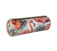 JKSEEPYN Flamingo Flowers Printed Leather Pencil Case for Students Girls Boys - Round Stationery Organizer Makeup Pouch for School Office Travel