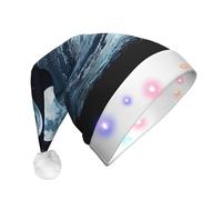 JKSEEPYN Full Moon in Night Printed Adult Plush Christmas Hat LED Light Up Santa Hat for Xmas New Year Party