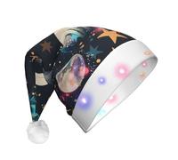JKSEEPYN Fun cat Astronaut Printed Adult Plush Christmas Hat LED Light Up Santa Hat for Xmas New Year Party