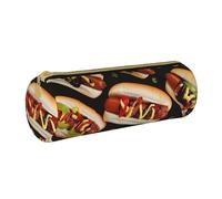 JKSEEPYN Fun Food Hot Dogs Printed Leather Pencil Case for Students Girls Boys - Round Stationery Organizer Makeup Pouch for School Office Travel