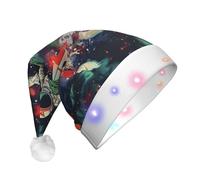 JKSEEPYN Funny Astronaut Dinosaur Rocket Printed Adult Plush Christmas Hat LED Light Up Santa Hat for Xmas New Year Party
