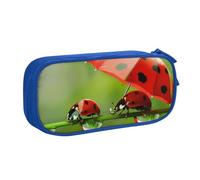 JKSEEPYN Funny Ladybug Printed Pencil Pen Case Blue Makeup Organizer, Double-Layer Zippered Pouch with Pen Slots and Pockets for Office, Travel, or School