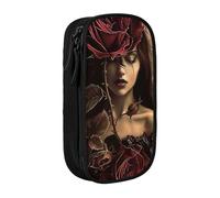 JKSEEPYN Gothic Rose Girl Printed Double-Layer Pencil Case, Black Large Capacity Cute Pen Pencil Pouch for School, Office, Travel, or Makeup Organizer