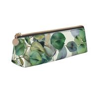 JKSEEPYN Green Eucalyptus Leaves Printed Pencil Case for Students Girls Boys - Triangle PVC Leather Stationery Organizer Makeup Pouch for School Office Travel