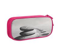 JKSEEPYN Grey Zen Stones Picture Printed Pencil Pen Case Pink Makeup Organizer, Double-Layer Zippered Pouch with Pen Slots and Pockets for Office, Travel, or School
