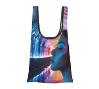 JKSEEPYN Holographic Dreams Printed Foldable Shopping Bags Reusable Water Resistant Shoulder Grocery Tote Bags Daily Utility bag 1PCS
