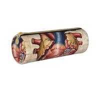 JKSEEPYN Human Anatomy Heart Chart Printed Leather Pencil Case for Students Girls Boys - Round Stationery Organizer Makeup Pouch for School Office Travel