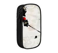 JKSEEPYN Ice Hockey Art Printed Double-Layer Pencil Case, Black Large Capacity Cute Pen Pencil Pouch for School, Office, Travel, or Makeup Organizer
