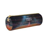 JKSEEPYN Indoor Basketball Printed Leather Pencil Case for Students Girls Boys - Round Stationery Organizer Makeup Pouch for School Office Travel