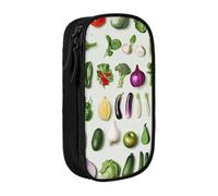 JKSEEPYN Introduction of Various Vegetables Printed Double-Layer Pencil Case, Black Large Capacity Cute Pen Pencil Pouch for School, Office, Travel, or Makeup Organizer