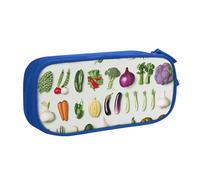 JKSEEPYN Introduction of Various Vegetables Printed Pencil Pen Case Blue Makeup Organizer, Double-Layer Zippered Pouch with Pen Slots and Pockets for Office, Travel, or School