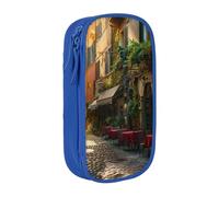 JKSEEPYN Italian Old Street Printed Double-Layer Pencil Case, Blue Large Capacity Cute Pen Pencil Pouch for School, Office, Travel, or Makeup Organizer