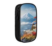 JKSEEPYN Japan Mount Fuji Landscape Printed Double-Layer Pencil Case, Black Large Capacity Cute Pen Pencil Pouch for School, Office, Travel, or Makeup Organizer