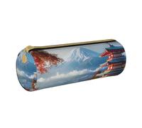 JKSEEPYN Japan Mount Fuji Landscape Printed Leather Pencil Case for Students Girls Boys - Round Stationery Organizer Makeup Pouch for School Office Travel