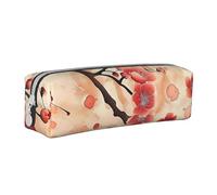 JKSEEPYN Japanese Plum Floral Printed Leather Zipper Pencil Case,Printed Minimalist Ultra-Thin Design School Pencil Bag Cosmetic Pouch