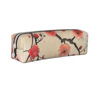 JKSEEPYN Japanese Spring Plum Floral Print Printed Leather Zipper Pencil Case,Printed Minimalist Ultra-Thin Design School Pencil Bag Cosmetic Pouch