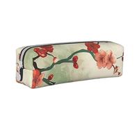 JKSEEPYN Japanese Spring Plum Floral Printed Leather Zipper Pencil Case,Printed Minimalist Ultra-Thin Design School Pencil Bag Cosmetic Pouch