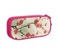 JKSEEPYN Japanese Spring Plum Floral Printed Pencil Pen Case Pink Makeup Organizer, Double-Layer Zippered Pouch with Pen Slots and Pockets for Office, Travel, or School