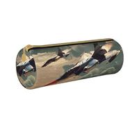 JKSEEPYN Jet Fighter Printed Leather Pencil Case for Students Girls Boys - Round Stationery Organizer Makeup Pouch for School Office Travel