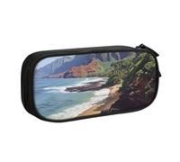 JKSEEPYN Kauai Hawaii Seashore Printed Pencil Pen Case Black Makeup Organizer, Double-Layer Zippered Pouch with Pen Slots and Pockets for Office, Travel, or School