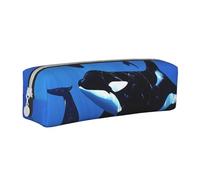 JKSEEPYN Killer Whales Swim Along Printed Leather Pencil Case for Students Girls Boys - Simple Stationery Organizer Makeup Pouch for School Office Travel