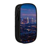 JKSEEPYN Los Angeles Skyline Printed Double-Layer Pencil Case, Black Large Capacity Cute Pen Pencil Pouch for School, Office, Travel, or Makeup Organizer