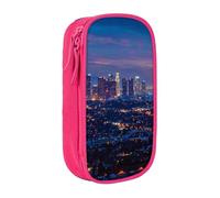 JKSEEPYN Los Angeles Skyline Printed Double-Layer Pencil Case, Pink Large Capacity Cute Pen Pencil Pouch for School, Office, Travel, or Makeup Organizer