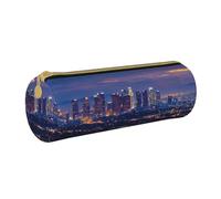 JKSEEPYN Los Angeles Skyline Printed Leather Pencil Case for Students Girls Boys - Round Stationery Organizer Makeup Pouch for School Office Travel