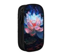 JKSEEPYN Lotus Flower Printed Double-Layer Pencil Case, Black Large Capacity Cute Pen Pencil Pouch for School, Office, Travel, or Makeup Organizer