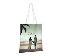 JKSEEPYN Married Couple Walking on The Beach Printed Reusable Canvas Tote Bag Shopping Bags Washable Shoulder Grocery Tote Bags Daily Utility bag
