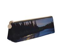 JKSEEPYN Moonlit Canoe Allagash River Printed Pencil Case for Students Girls Boys - Triangle PVC Leather Stationery Organizer Makeup Pouch for School Office Travel