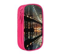 JKSEEPYN New York Manhattan Bridge Night Printed Double-Layer Pencil Case, Pink Large Capacity Cute Pen Pencil Pouch for School, Office, Travel, or Makeup Organizer