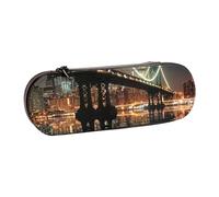 JKSEEPYN New York Manhattan Bridge Night Printed Hard Shell Leather Pencil Case & Makeup Bag, Stylish Organizer for School, Office, and Travel