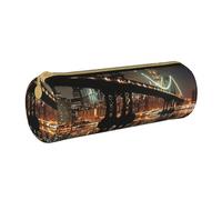 JKSEEPYN New York Manhattan Bridge Night Printed Leather Pencil Case for Students Girls Boys - Round Stationery Organizer Makeup Pouch for School Office Travel