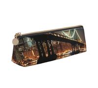 JKSEEPYN New York Manhattan Bridge Night Printed Pencil Case for Students Girls Boys - Triangle PVC Leather Stationery Organizer Makeup Pouch for School Office Travel