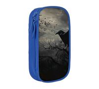 JKSEEPYN Night Crow Printed Double-Layer Pencil Case, Blue Large Capacity Cute Pen Pencil Pouch for School, Office, Travel, or Makeup Organizer