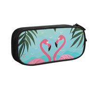 JKSEEPYN Palm Leaf and Flamingos Couple Printed Pencil Pen Case Black Makeup Organizer, Double-Layer Zippered Pouch with Pen Slots and Pockets for Office, Travel, or School