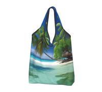 JKSEEPYN Palm Trees and Clear Sea Printed Shopping Bags Foldable Reusable Washable Shoulder Grocery Tote Bags Daily Utility bag, 1 PCS