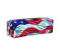 JKSEEPYN Patriotic 4th of July American Flag Printed Leather Pencil Case for Students Girls Boys - Simple Stationery Organizer Makeup Pouch for School Office Travel