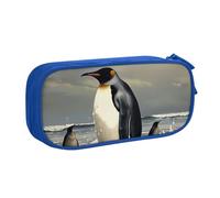 JKSEEPYN Penguin Printed Pencil Pen Case Blue Makeup Organizer, Double-Layer Zippered Pouch with Pen Slots and Pockets for Office, Travel, or School