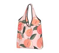 JKSEEPYN Pink Peach Pattern Printed Shopping Bags Foldable Reusable Washable Shoulder Grocery Tote Bags Daily Utility bag, 1 PCS