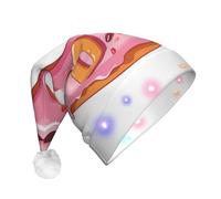 JKSEEPYN Pink Word Cartoon Donut Printed Adult Plush Christmas Hat LED Light Up Santa Hat for Xmas New Year Party