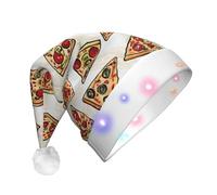 JKSEEPYN Pizza Pattern Printed Adult Plush Christmas Hat LED Light Up Santa Hat for Xmas New Year Party