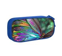 JKSEEPYN Rainbow Butterfly Printed Pencil Pen Case Blue Makeup Organizer, Double-Layer Zippered Pouch with Pen Slots and Pockets for Office, Travel, or School