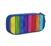 JKSEEPYN Rainbow Colored Wood Background Printed Pencil Pen Case Blue Makeup Organizer, Double-Layer Zippered Pouch with Pen Slots and Pockets for Office, Travel, or School