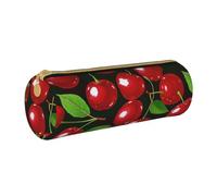 JKSEEPYN Red Cherries Printed Leather Pencil Case for Students Girls Boys - Round Stationery Organizer Makeup Pouch for School Office Travel