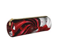 JKSEEPYN Red Flower Vortex Spiral Printed Leather Pencil Case for Students Girls Boys - Round Stationery Organizer Makeup Pouch for School Office Travel