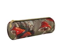 JKSEEPYN Red Mushrooms Printed Leather Pencil Case for Students Girls Boys - Round Stationery Organizer Makeup Pouch for School Office Travel