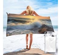 JKSEEPYN Rocky Wave Sunset Painting Printed Microfiber Beach Towel 140x70 CM Quick-Dry Bath Towels with PVC Bag for Bathroom Travel Swimming Gym Camping