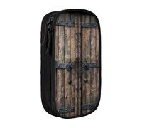 JKSEEPYN Rustic Stall Wooden Door Printed Double-Layer Pencil Case, Black Large Capacity Cute Pen Pencil Pouch for School, Office, Travel, or Makeup Organizer
